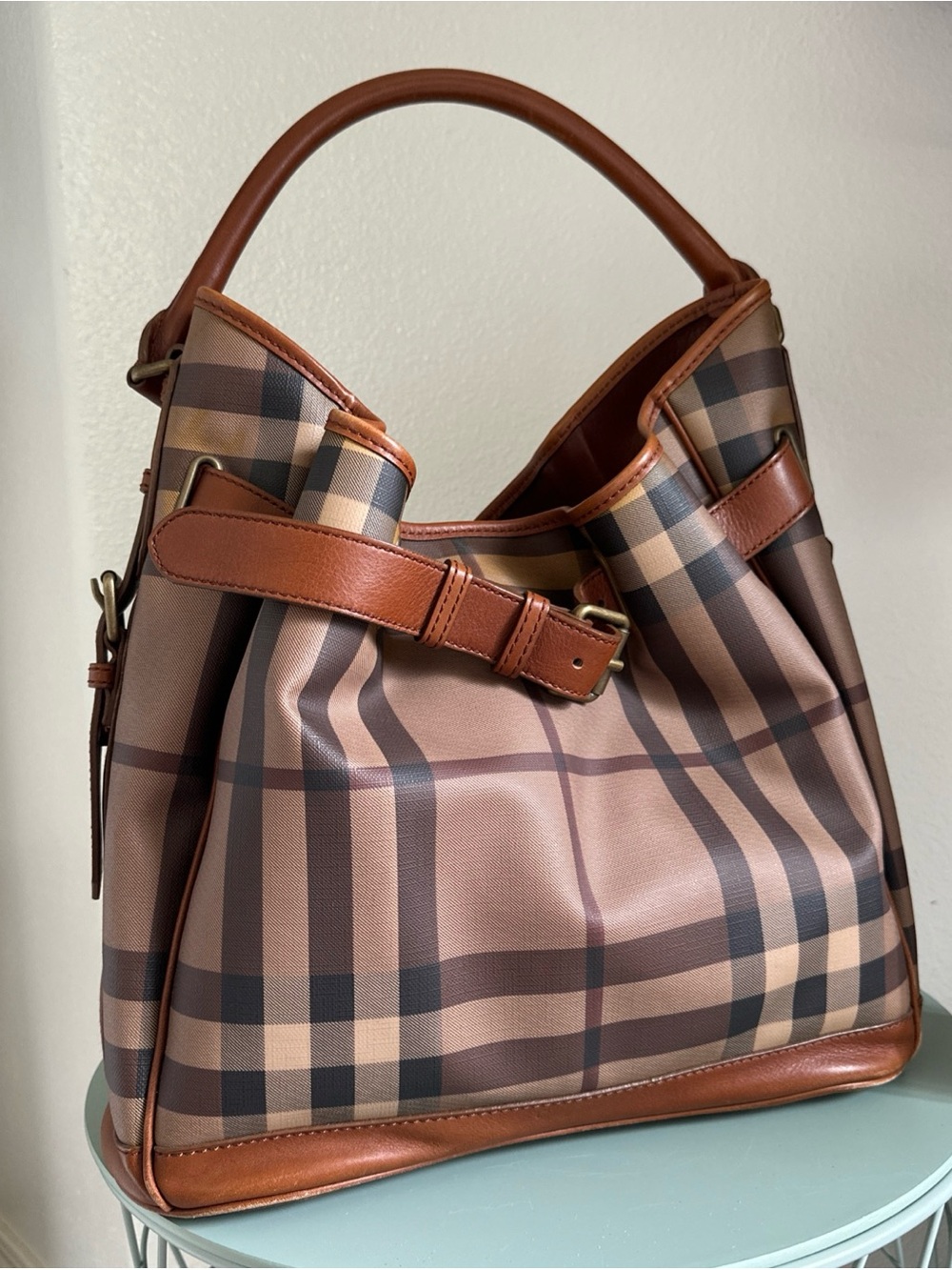 Burberry Brown Smoked Check Coated Canvas & Leather Walden Hobo Bucket Tote Bag